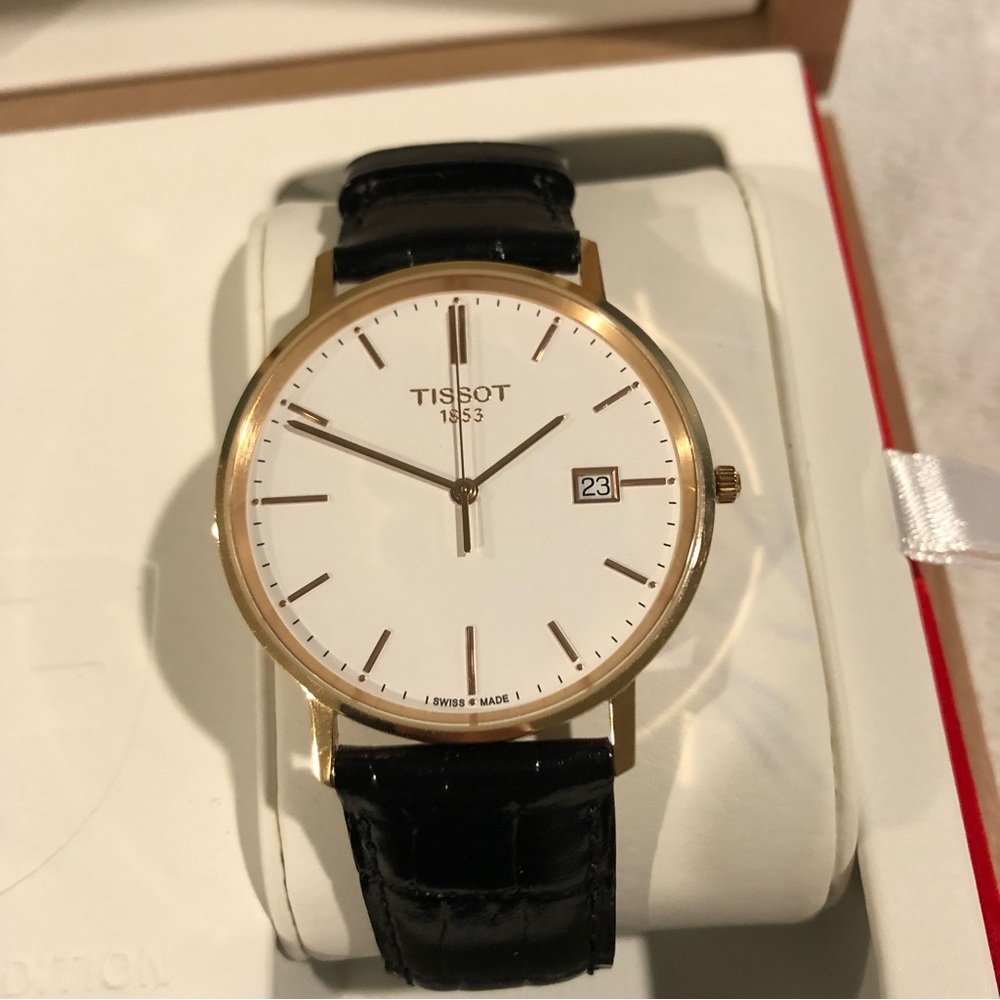 Tissot Goldrun White Dial Black Leather Men’s Watch - 18K Rose Gold.